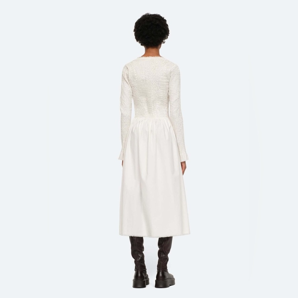 NWT Sea Casey Hand Smocked Long Sleeve Zip Front Dress In Eggshell - Picture 6 of 9